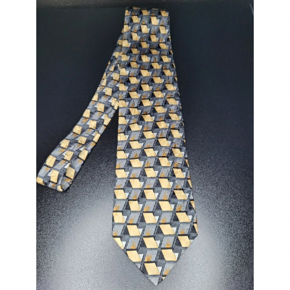 Ermenegildo Zegna Men's Necktie Grey Gold Geometric Silk 3.75